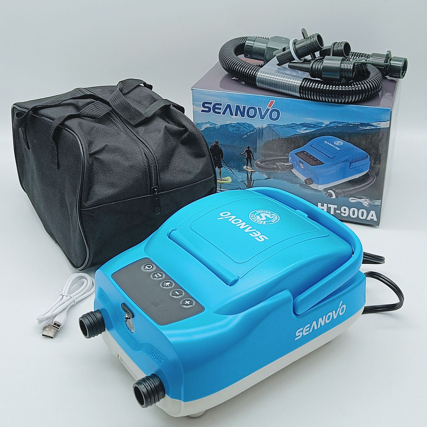 Аккумуляторный электрический насос Seanovo HT-900A, 4000 mAh, 350 л/мин, 2 режима лодочный воздушный компрессор для накачки надувной лодки ПВХ в т.ч НДНД РИБ резиновой, SUP-доски байдарки бассейна