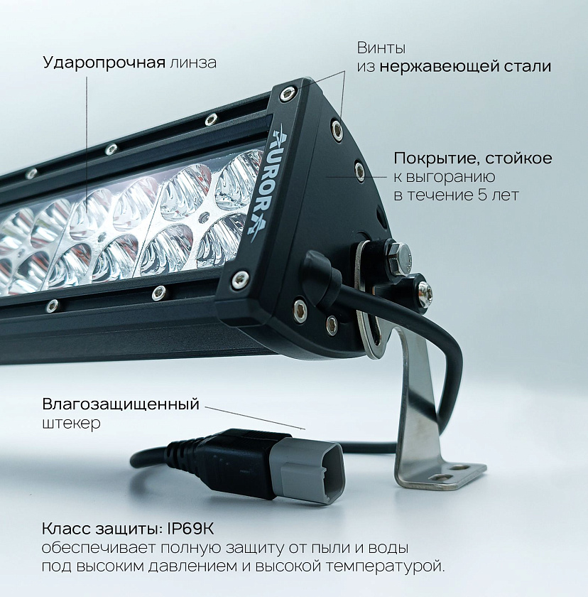 Светодиодная фара балка Аврора ALO-D1-20-P4E4D1 200 ватт комбинированный ближний / дальний свет, LED фара балка Aurora двухрядная на квадроцикл, крышу автомобиля и др. технику