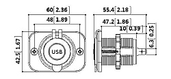 Розетка встраиваемая с 2-мя USB разъемами на два порта врезная в панель приборов лодки, катера, яхты, автодома и др.   