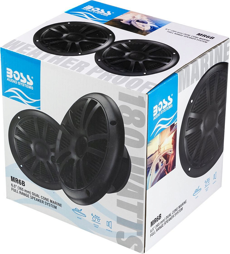 Морская акустика BOSS MR6B 180W, 6.5'', комплект динамиков 2 шт., колонки для лодки, катера, яхты водонепроницаемые 2-полосные, цв. черный