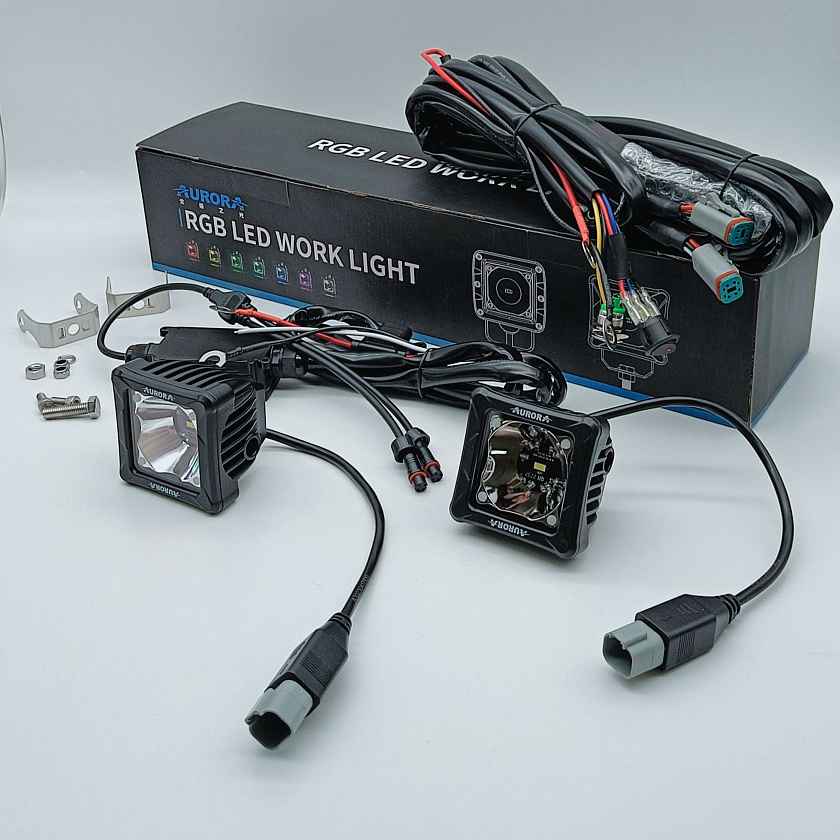 Комплект светодиодных фар Аврора (2 шт.) ALO-D3-2-P23-RGB, 30 ватт, 12 - 24 В, дальний свет 10 / противотуманная LED фара Aurora с подсветкой RGB на квадроцикл, крышу автомобиля, лодку и др. техник