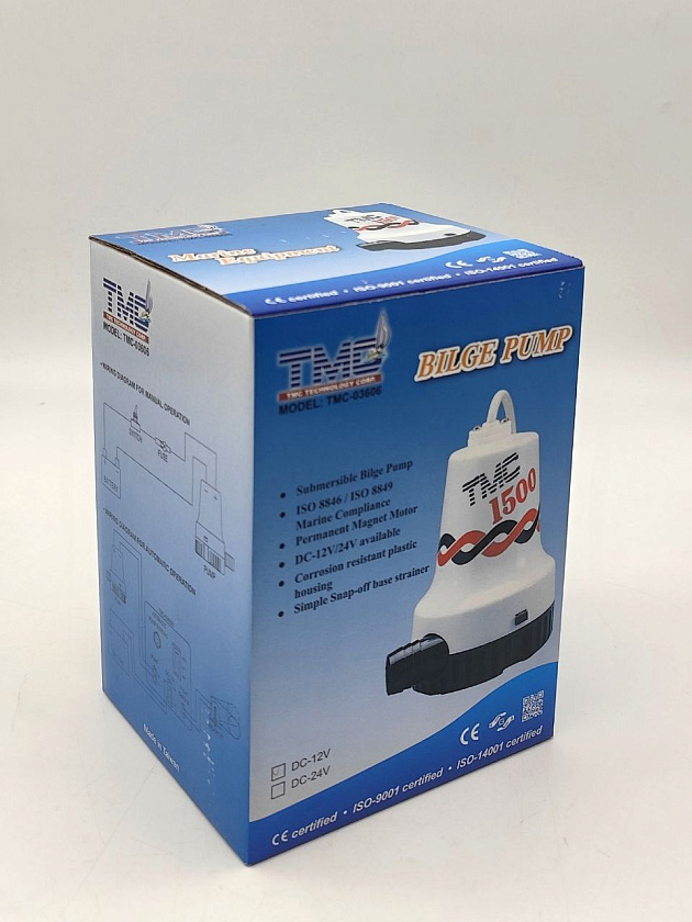 Помпа осушительная TMC 12 вольт, 1500GPH (5677,5 л/час, высота 3,3 м), для лодки / катера (насос 12 В осушительный для откачки воды на судне / помпа водооткачивающая трюмная)