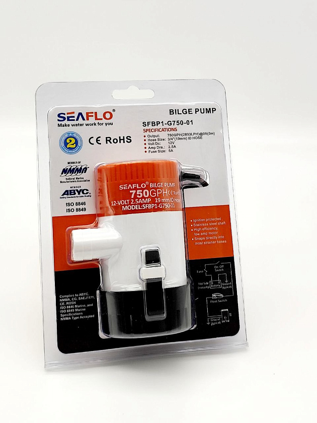 Осушительная помпа SeaFlo 12 вольт, 750GPH (2820 л/час, высота 2 м), для лодки (насос 12 В осушительный для откачки воды на судне / помпа водооткачивающая трюмная)