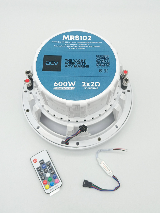 Сабвуфер водонепроницаемый ACV MARINE MRS102DLW (250 мм) 600 Вт, 10 дюймов, динамик с регулируемой RGB подсветкой, влагостойкая морская акустика для лодки катера яхты причала бассейна улицы
