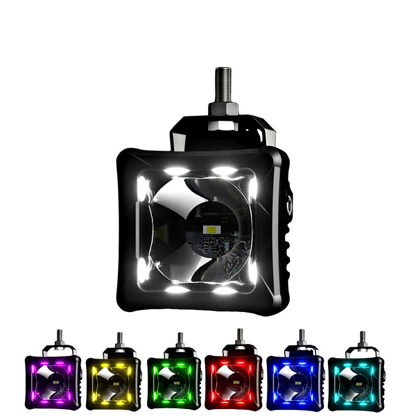 Комплект светодиодных фар Аврора (2 шт.) ALO-D3-2-P23-RGB, 30 ватт, 12 - 24 В, дальний свет 10 / противотуманная LED фара Aurora с подсветкой RGB на квадроцикл, крышу автомобиля, лодку и др. техник