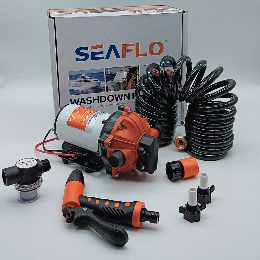 Палубный душ SeaFlo 4,8 Bar, 12V, 18.9 л/мин для мытья лодки, катера, яхты, автодома / комплект помывочный 12 вольт с водоподающей лодочной помпой (мембранный насос для подачи воды)